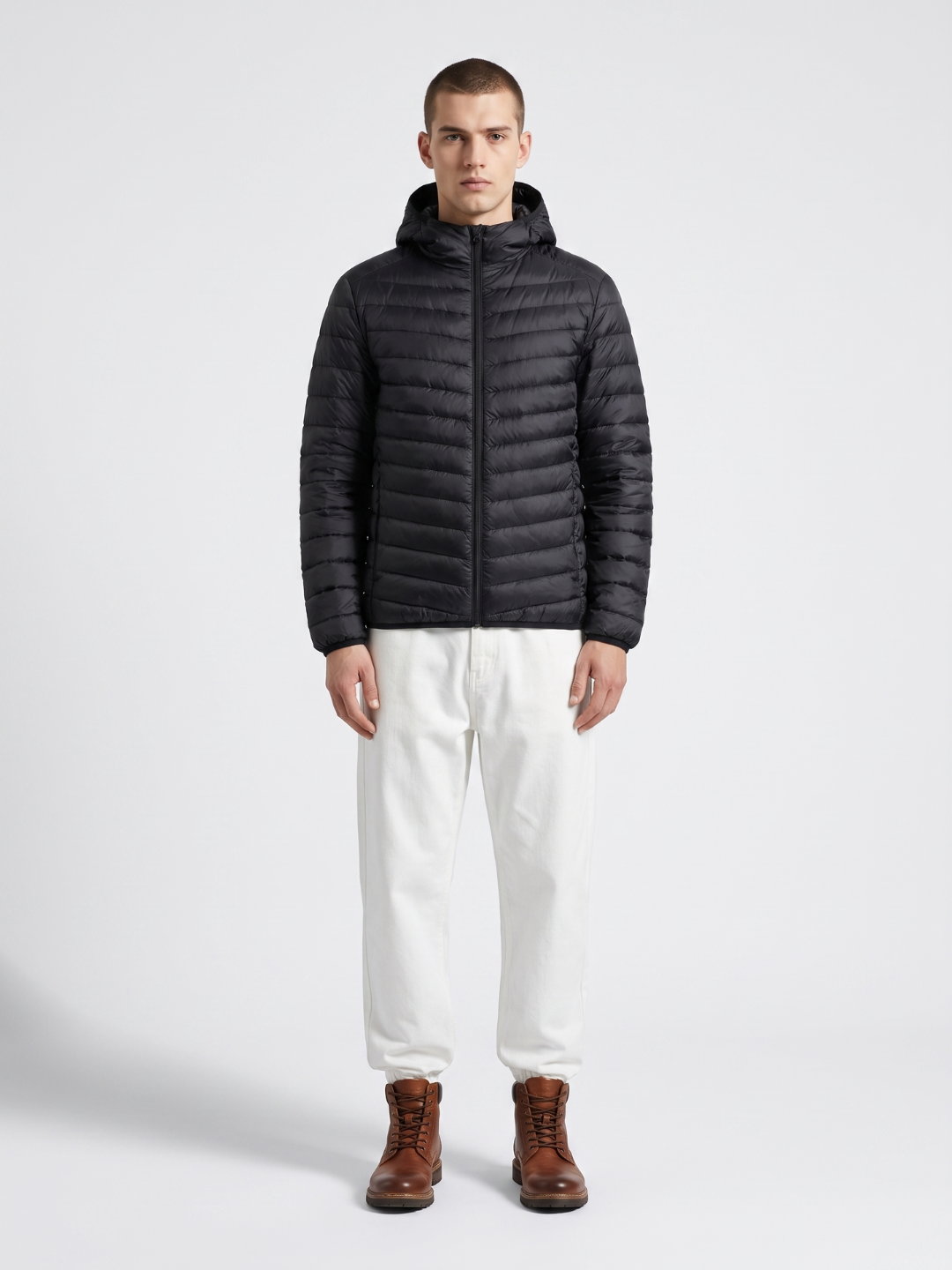 Hooded Lightweight Chevron Puffer Jacket