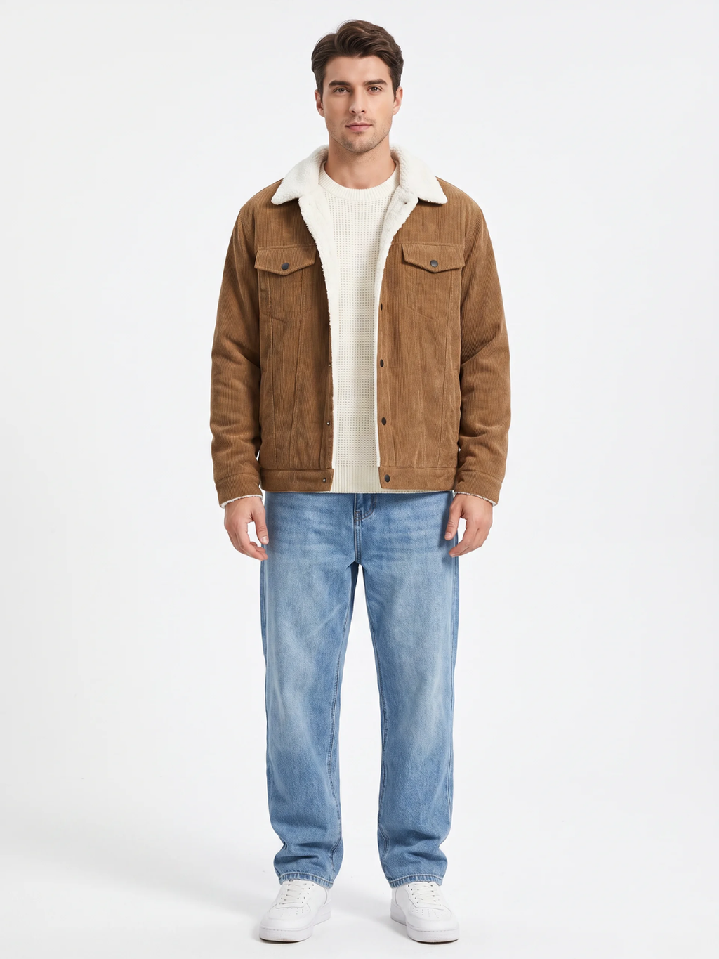 Sherpa-Lined Corduroy Tan Bomber Jacket