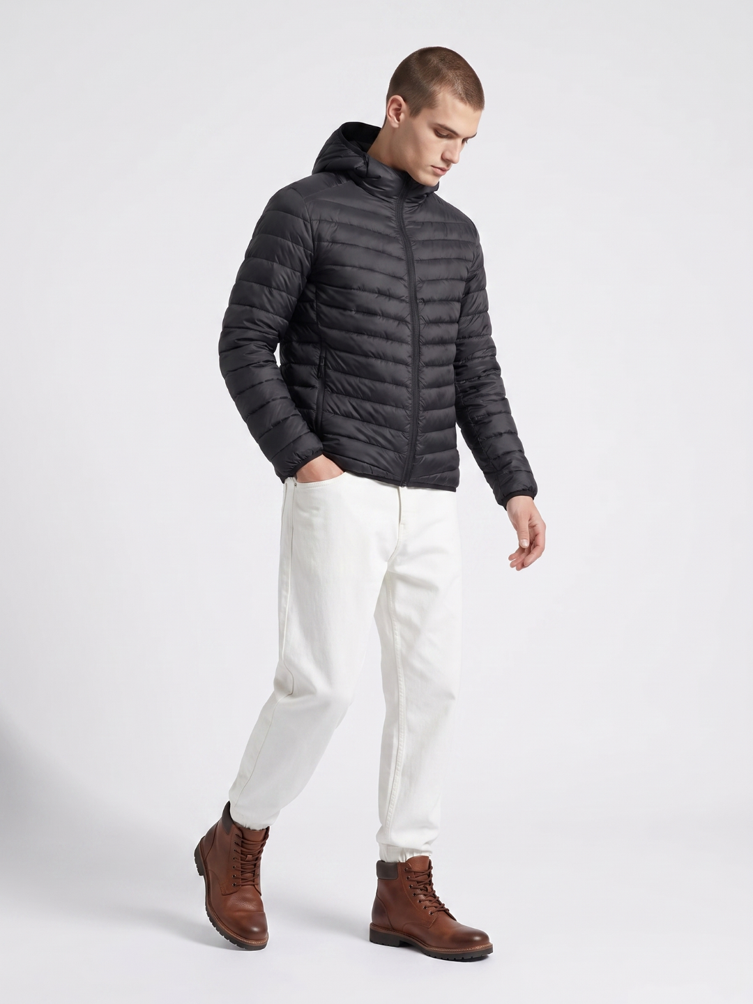 Hooded Lightweight Chevron Puffer Jacket