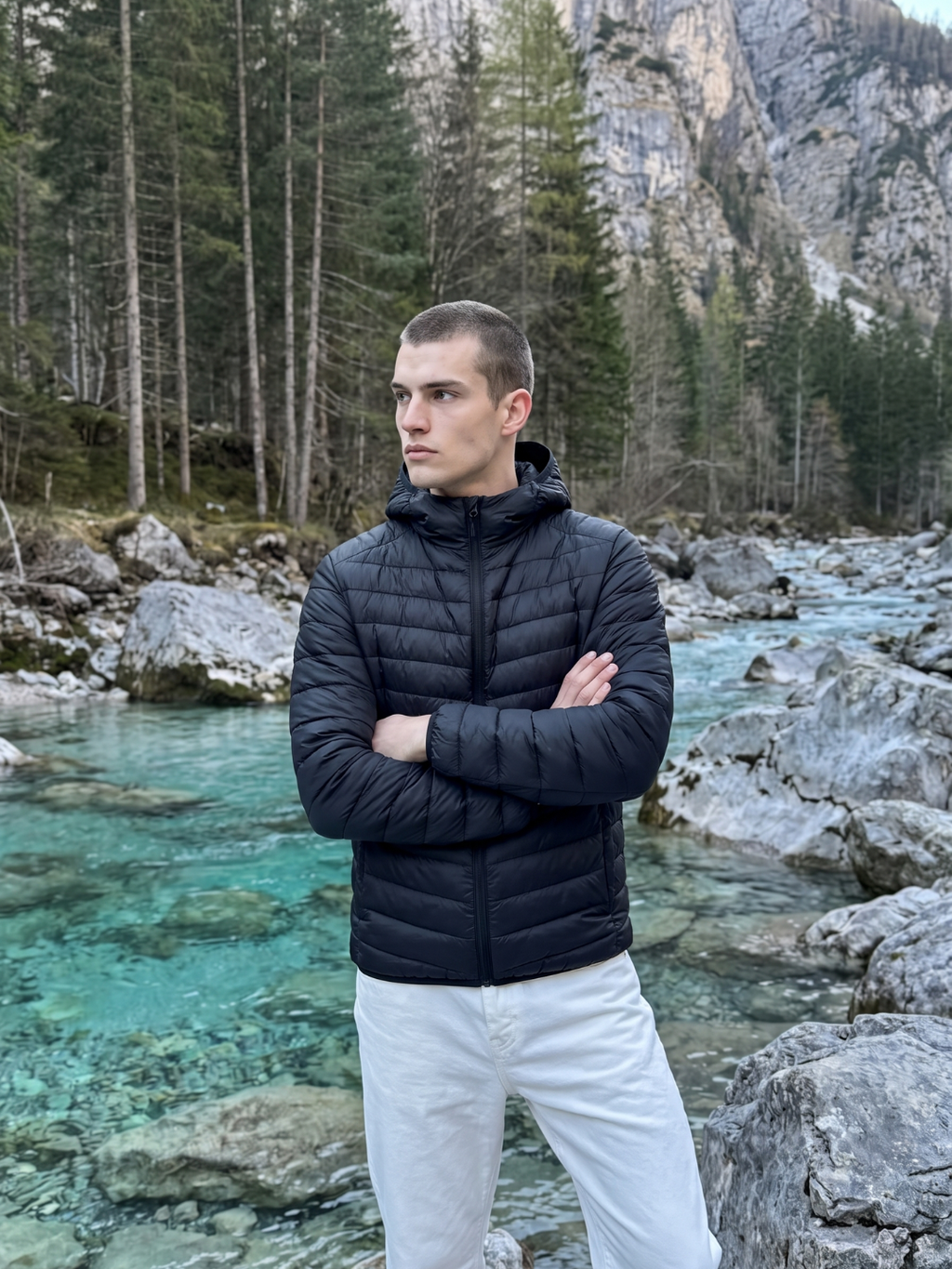 Hooded Lightweight Chevron Puffer Jacket