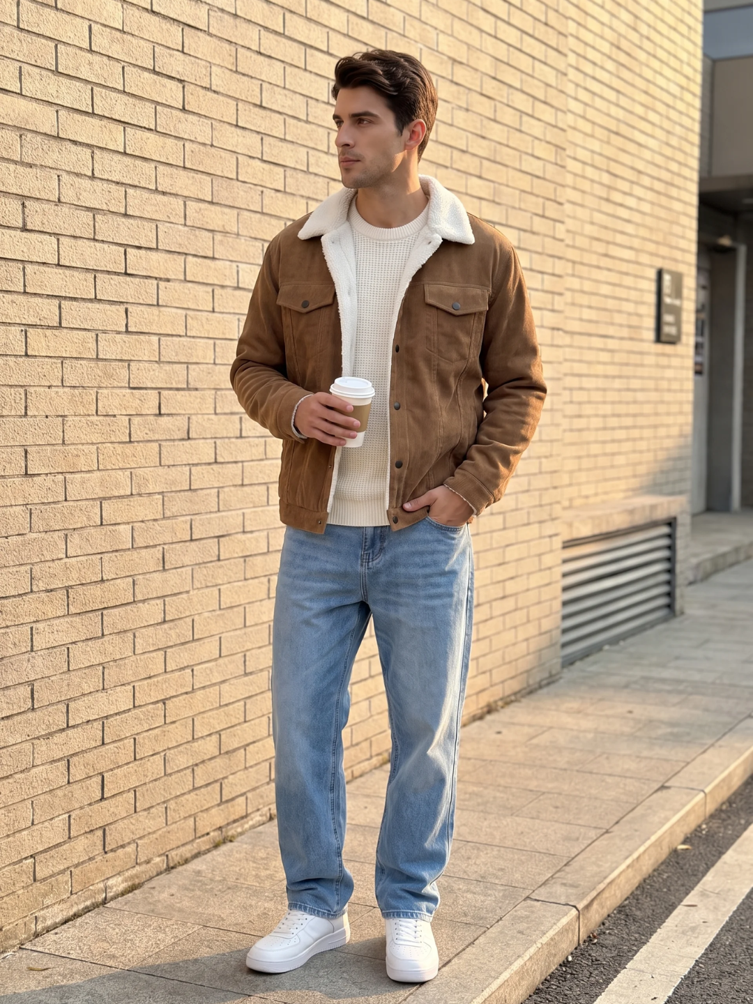 Sherpa-Lined Corduroy Tan Bomber Jacket