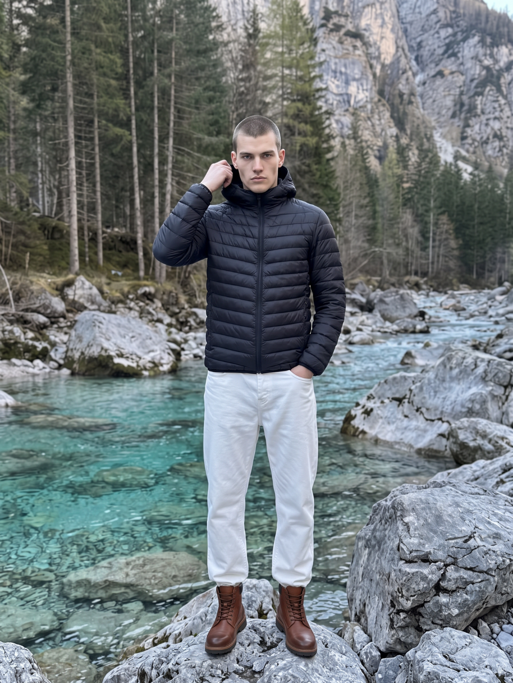 Hooded Lightweight Chevron Puffer Jacket