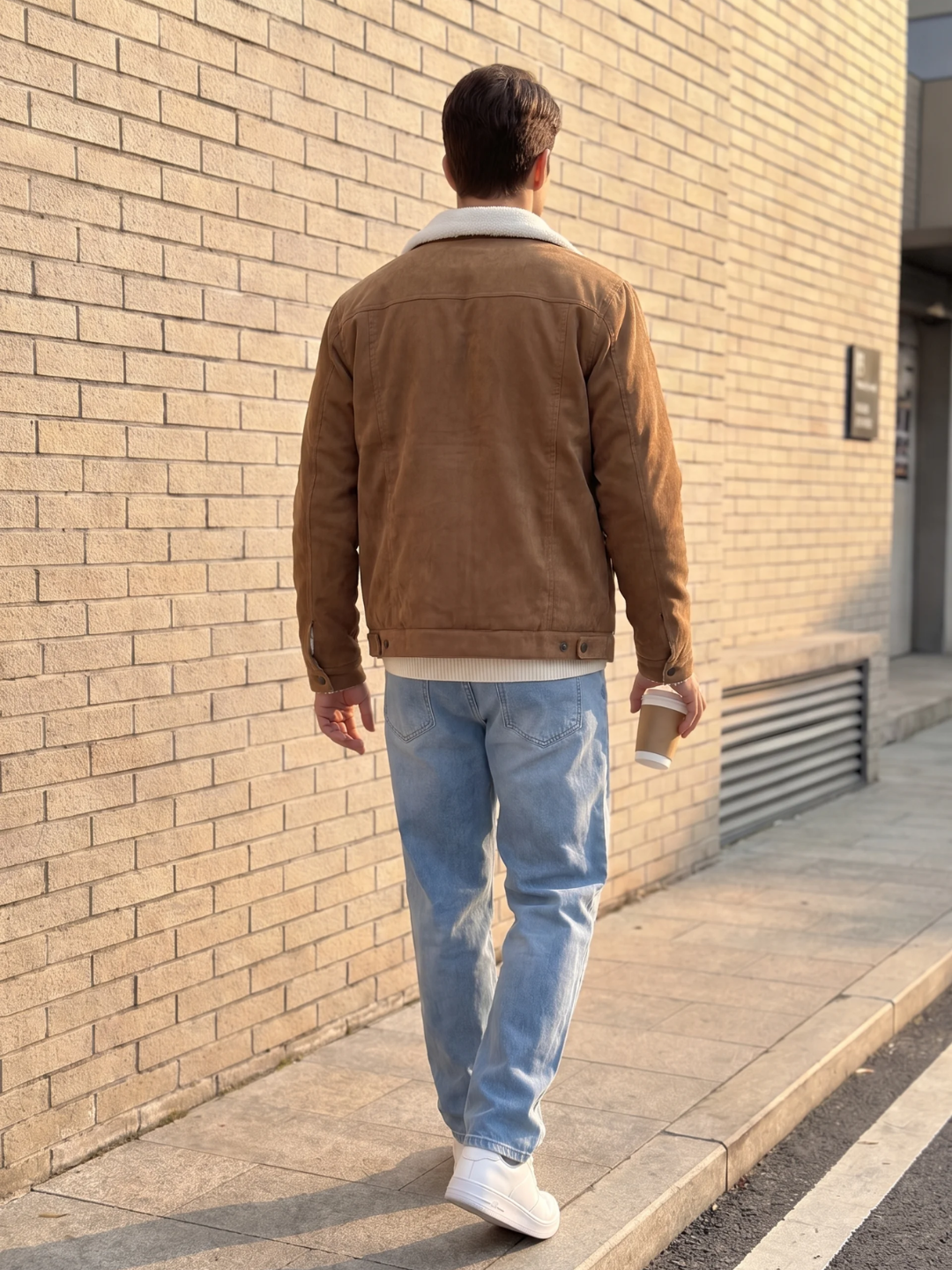 Sherpa-Lined Corduroy Tan Bomber Jacket
