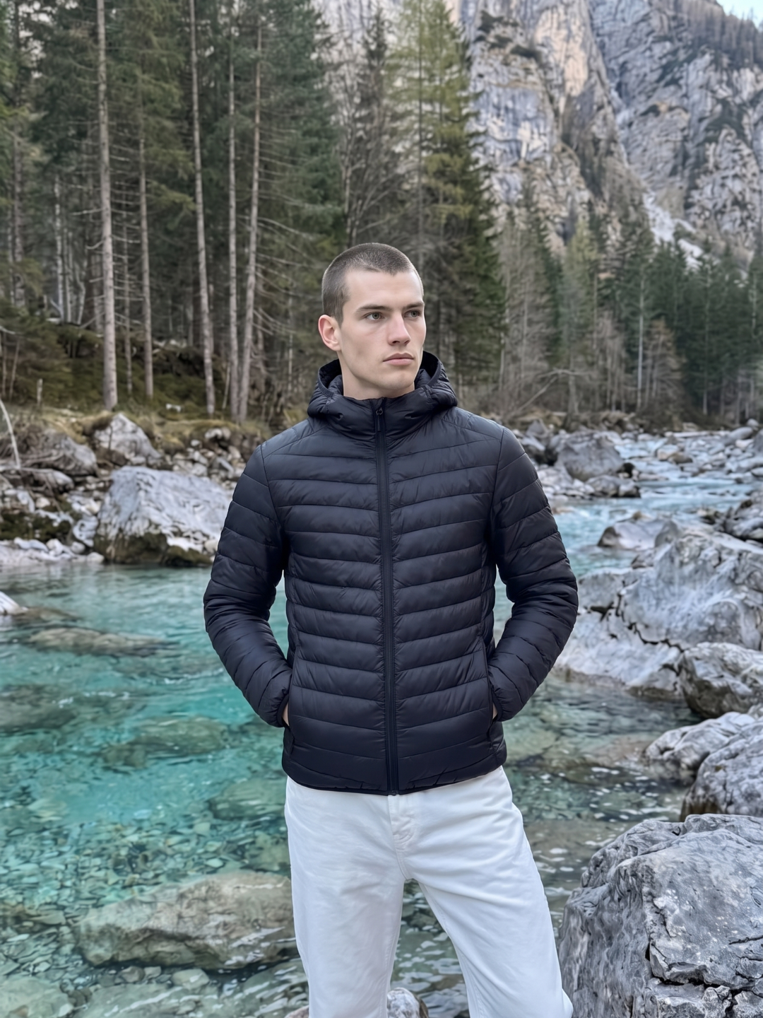 Hooded Lightweight Chevron Puffer Jacket