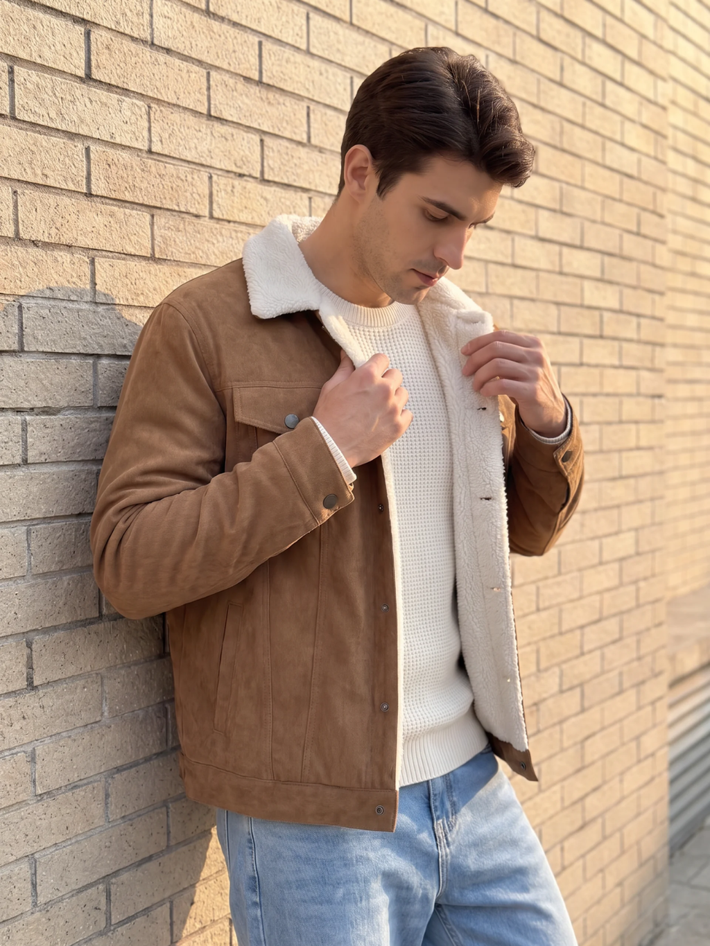 Sherpa-Lined Corduroy Tan Bomber Jacket