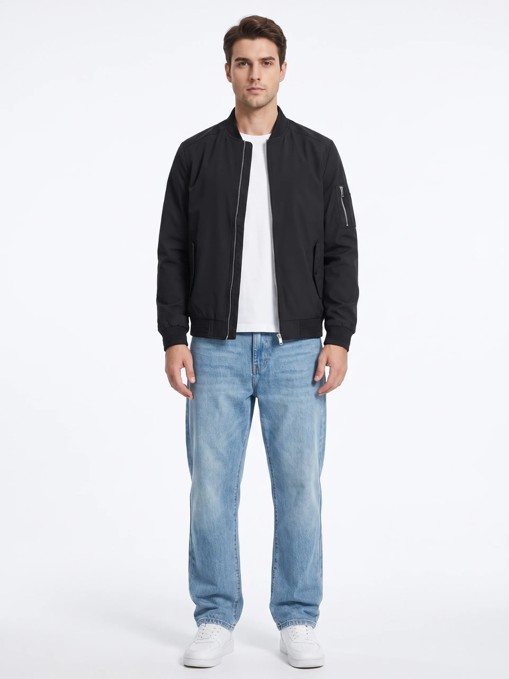 Sleeve Pocket Ribbed Trim Black Bomber Jacket