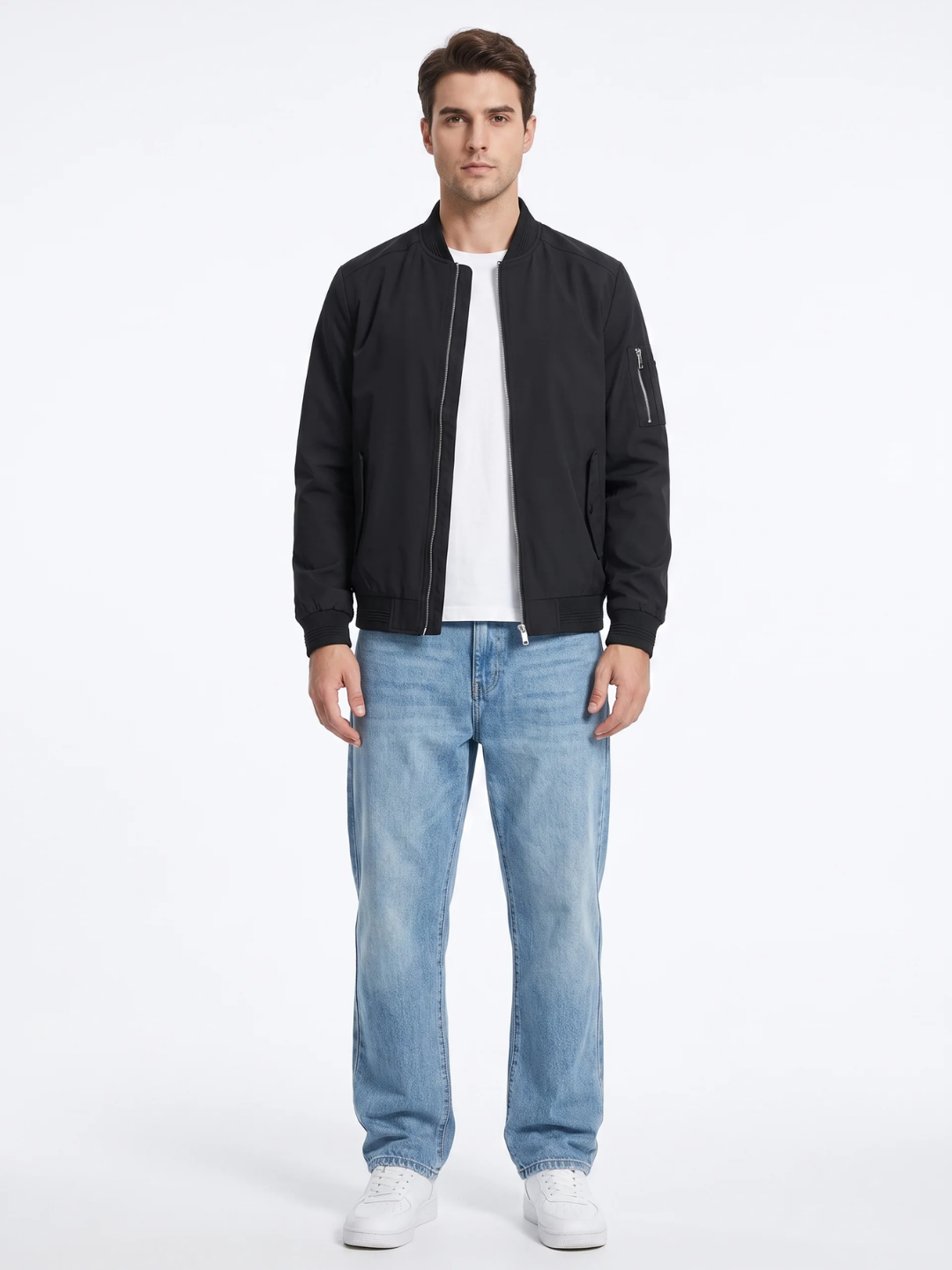 Sleeve Pocket Ribbed Trim Black Bomber Jacket
