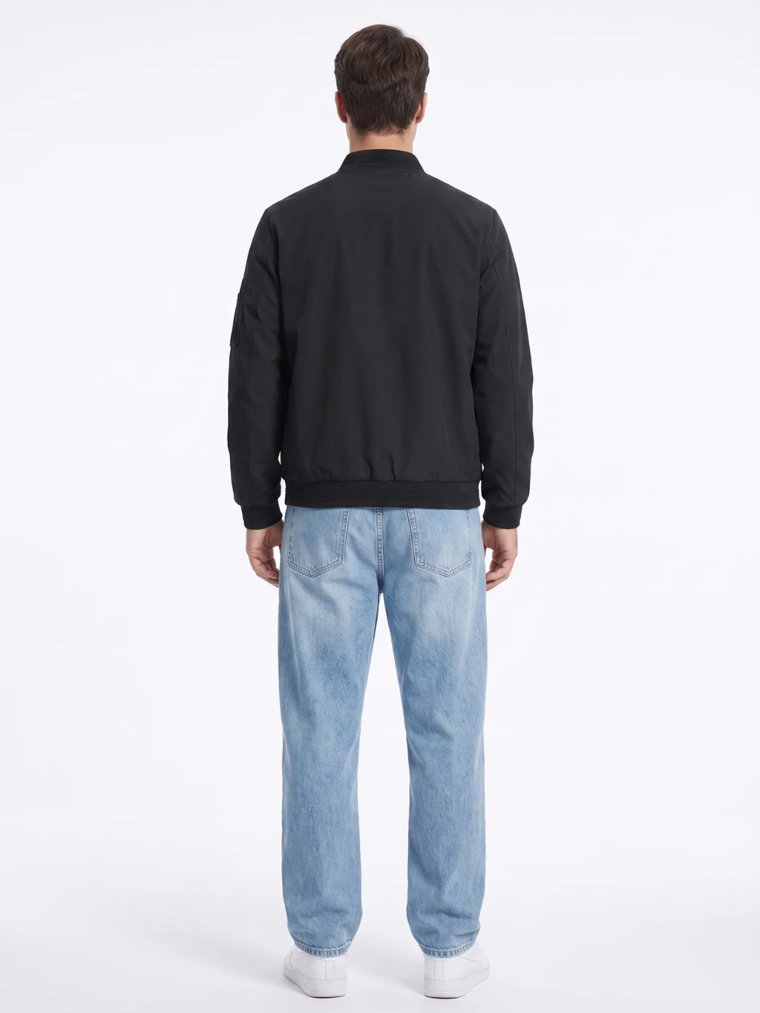 Sleeve Pocket Ribbed Trim Black Bomber Jacket