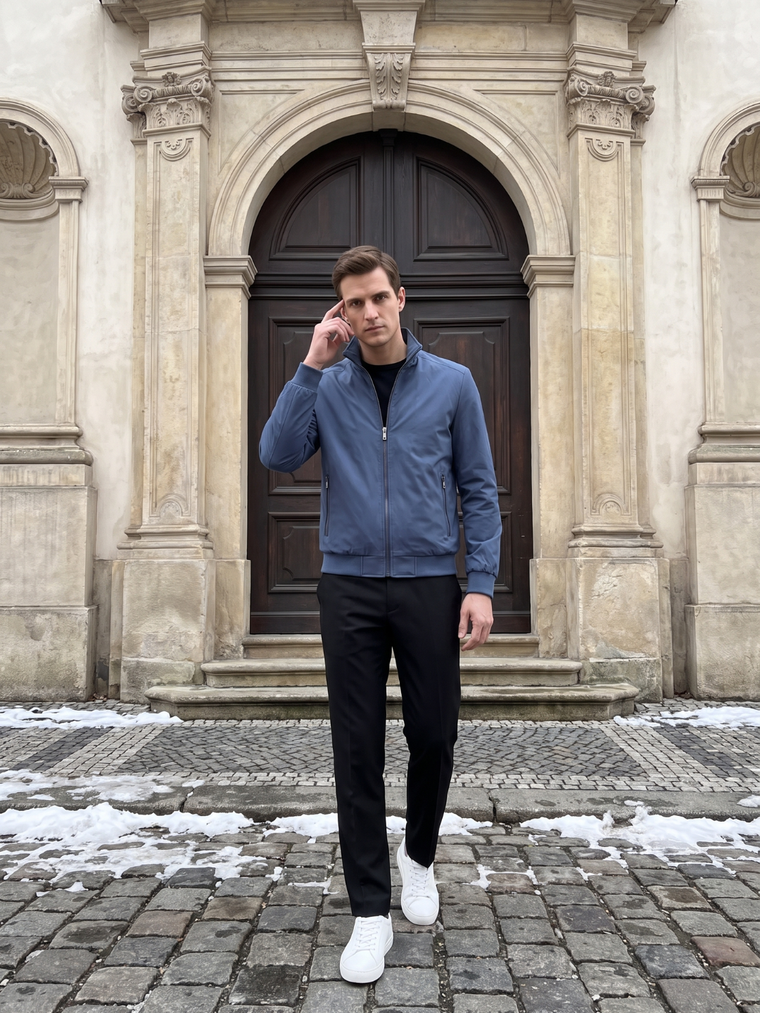 Stand Collar Zip Pocket Slate Blue Leather Jacket