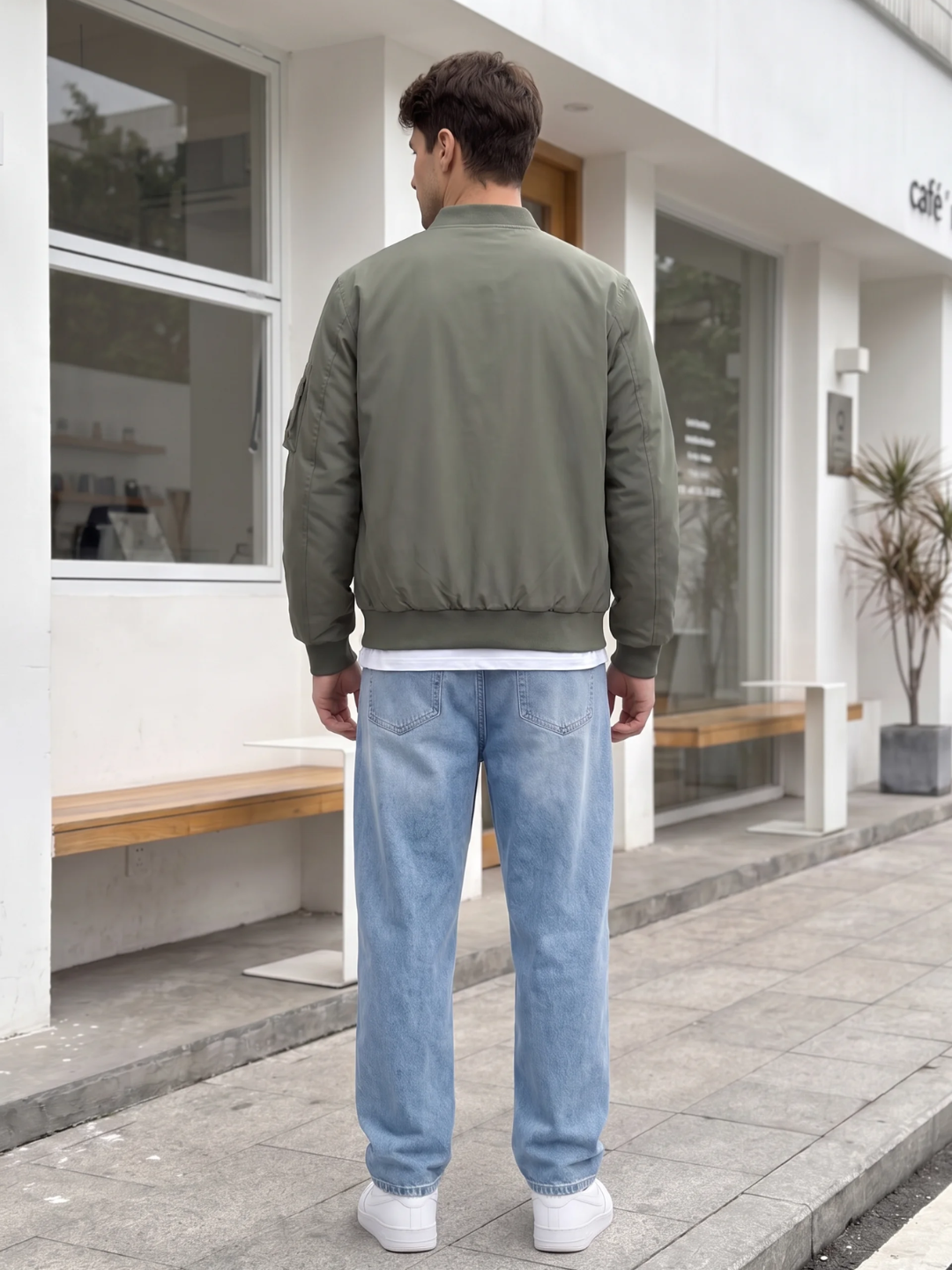 Ribbed Trim Olive Nylon Bomber Jacket