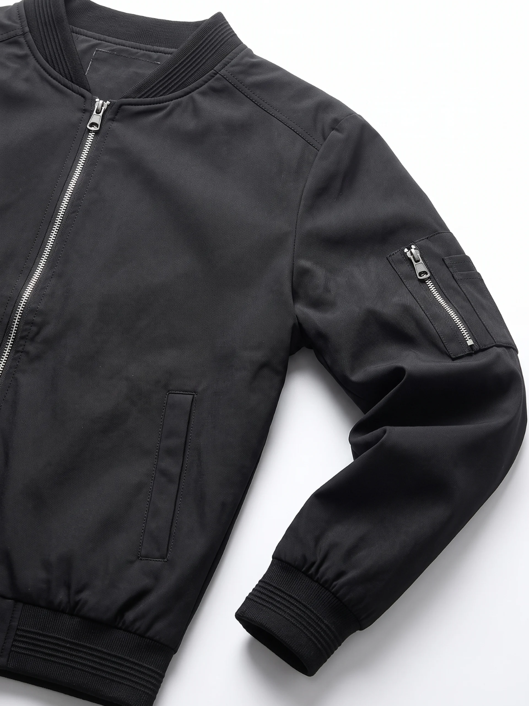 Sleeve Pocket Ribbed Trim Black Bomber Jacket