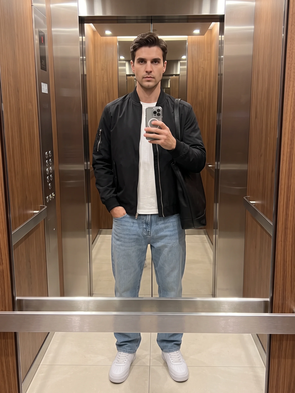 Sleeve Pocket Ribbed Trim Black Bomber Jacket