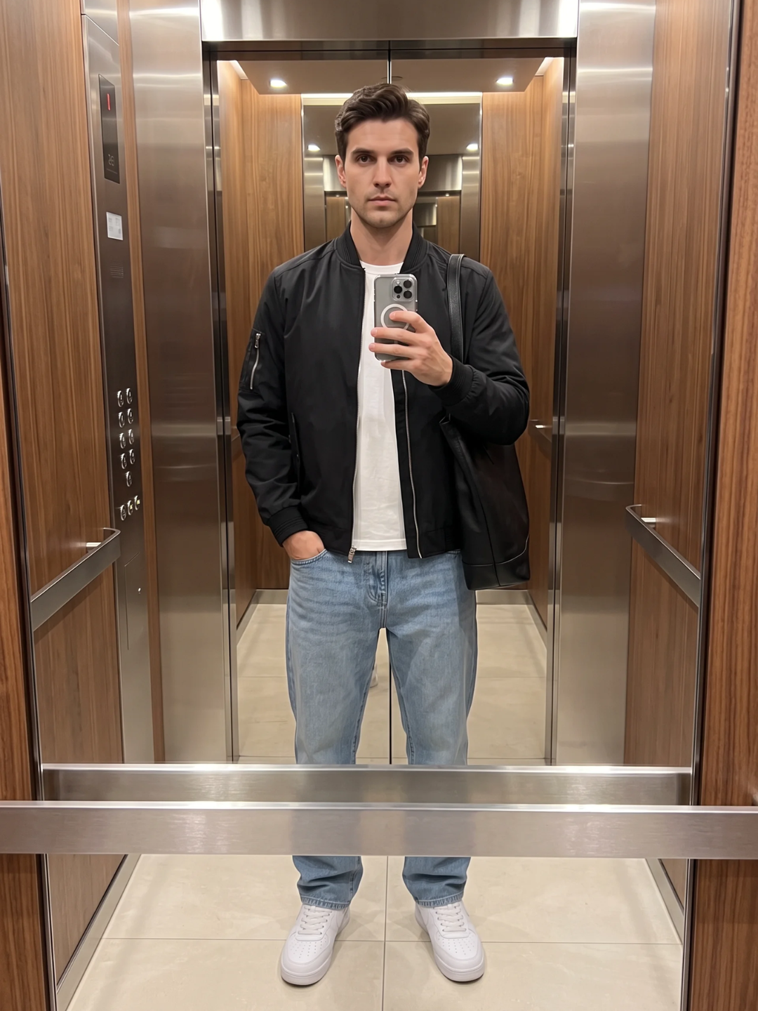 Sleeve Pocket Ribbed Trim Black Bomber Jacket
