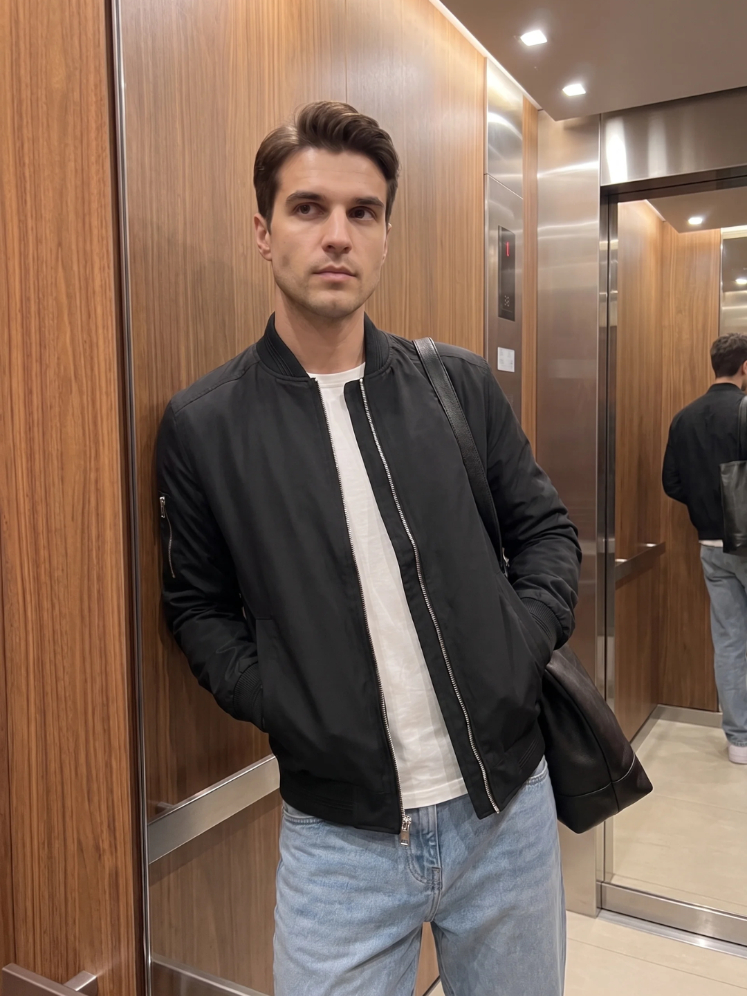 Sleeve Pocket Ribbed Trim Black Bomber Jacket