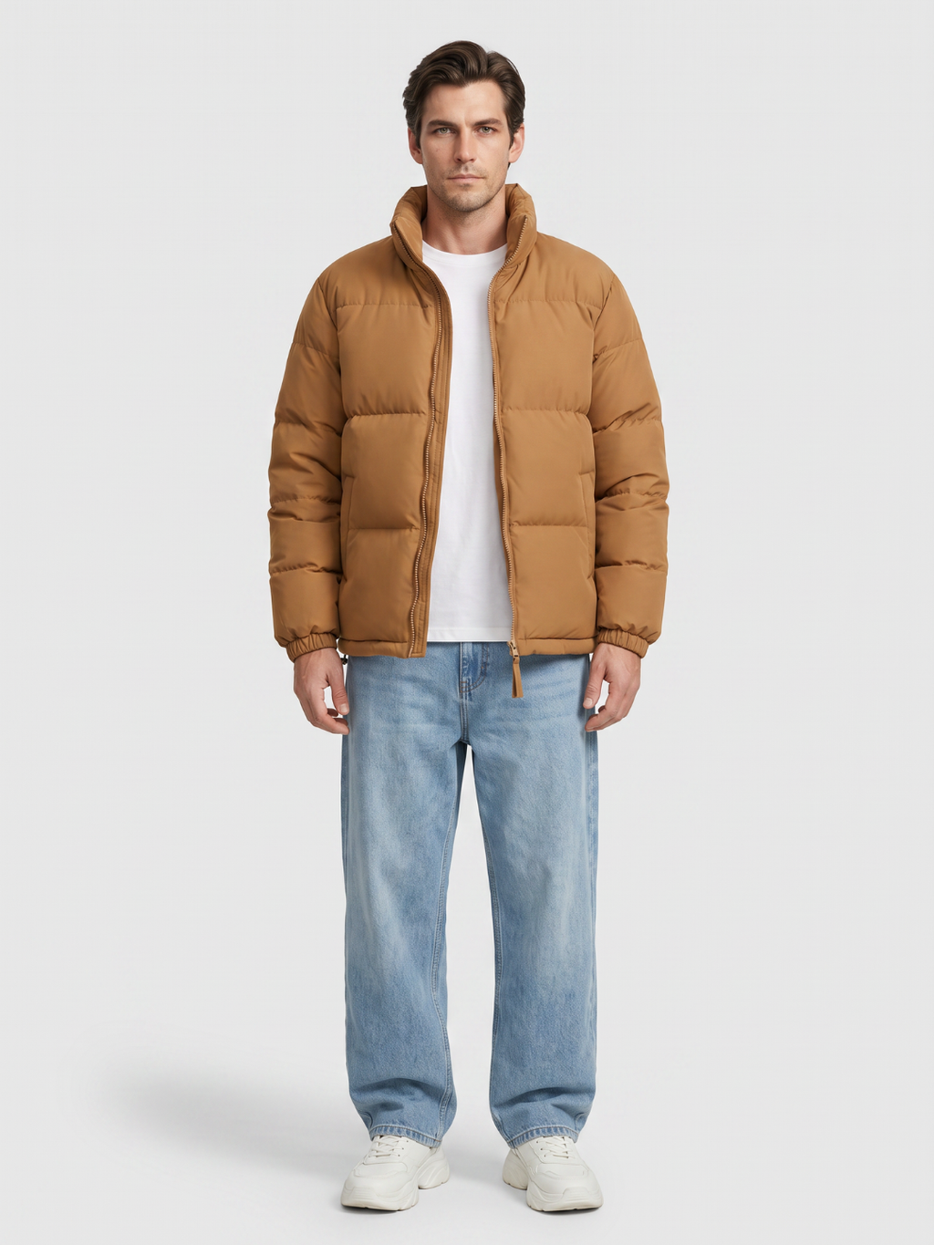 Boxy Stand Collar Brown Puffer Jacket