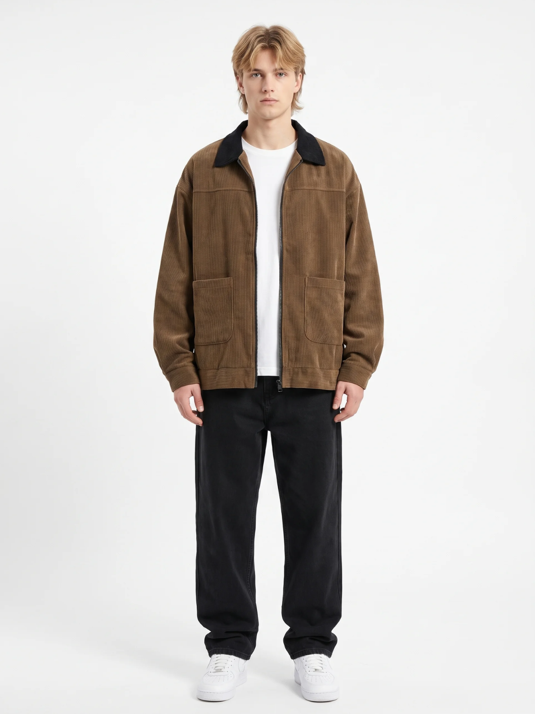 Contrast Collar Oversized Corduroy Zip Jacket