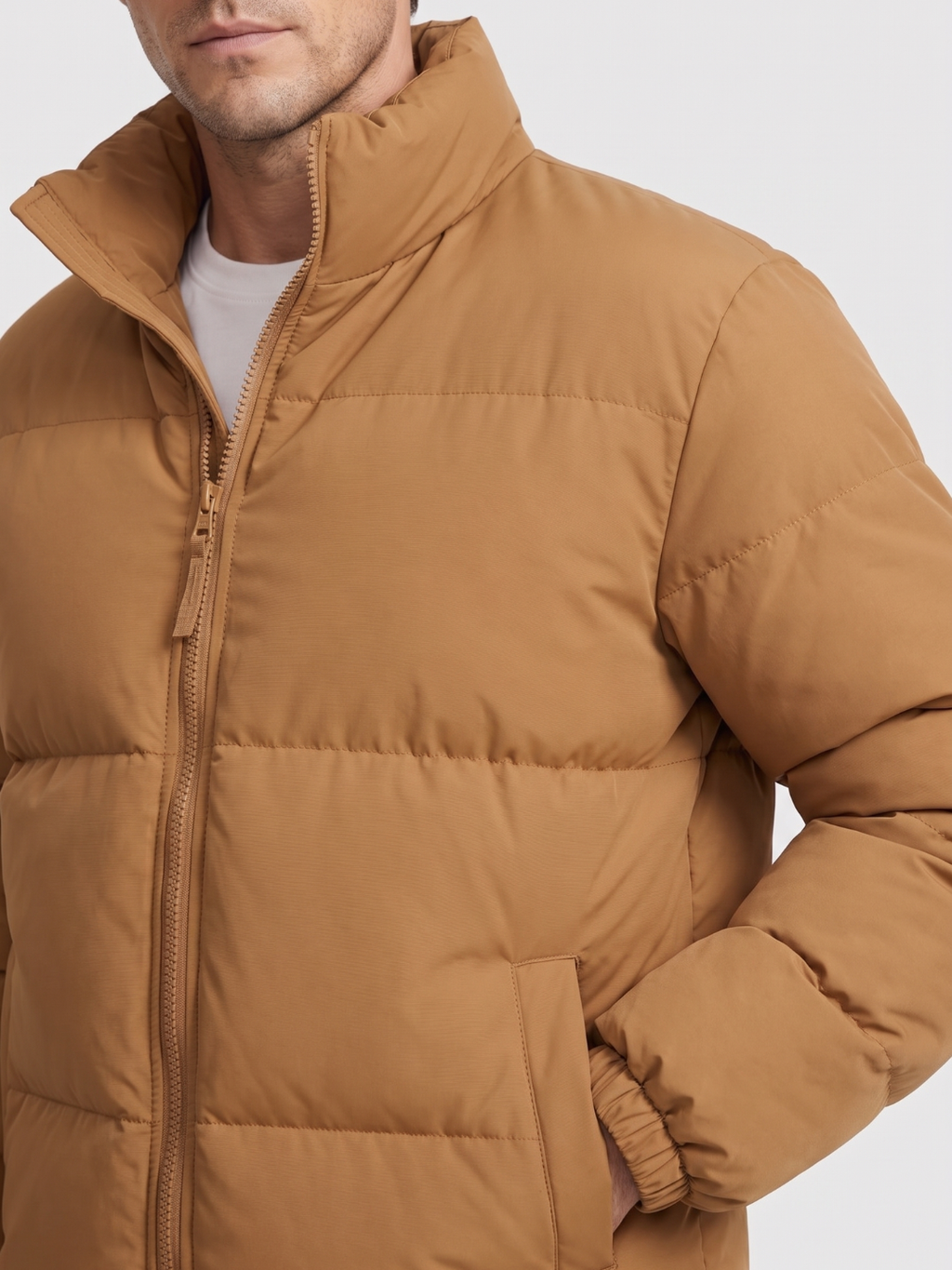 Boxy Stand Collar Brown Puffer Jacket