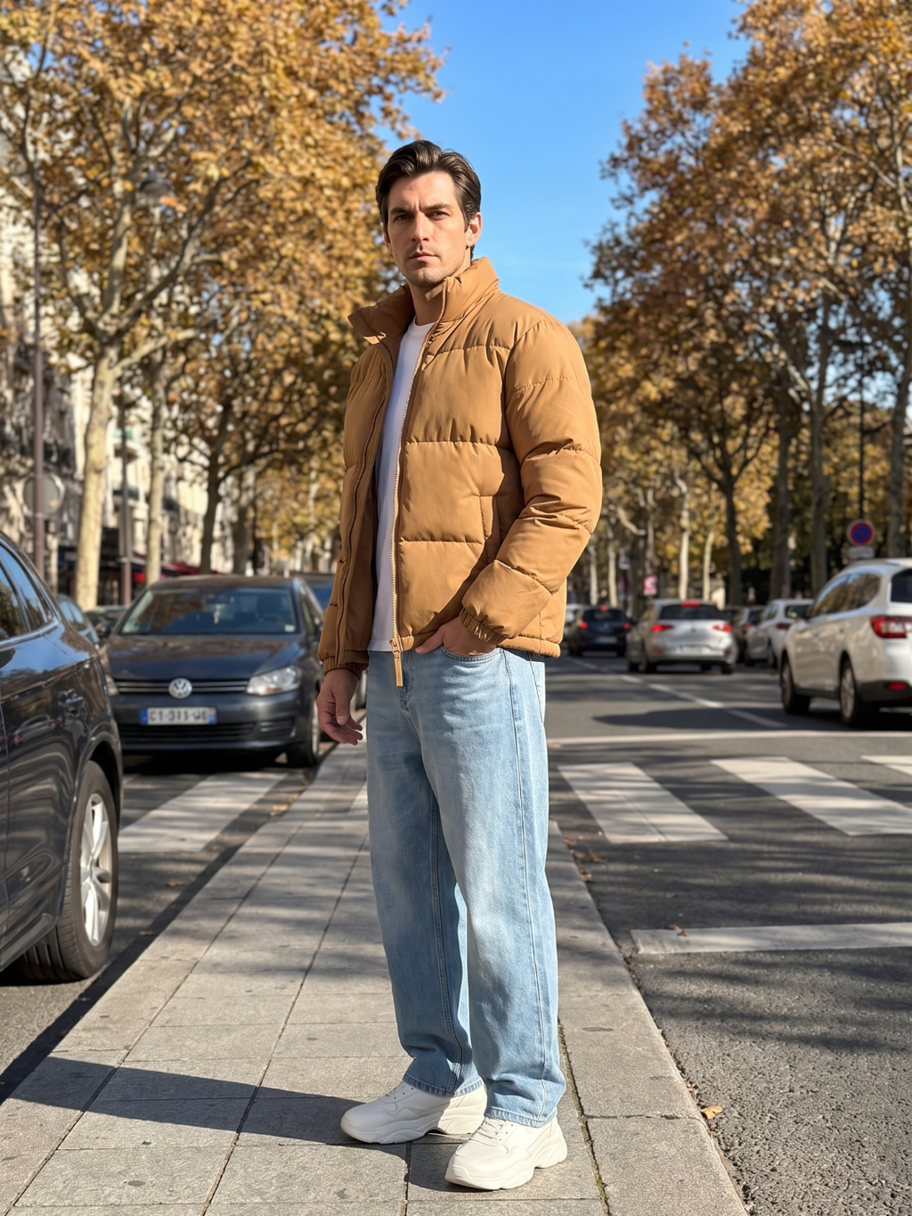Boxy Stand Collar Brown Puffer Jacket