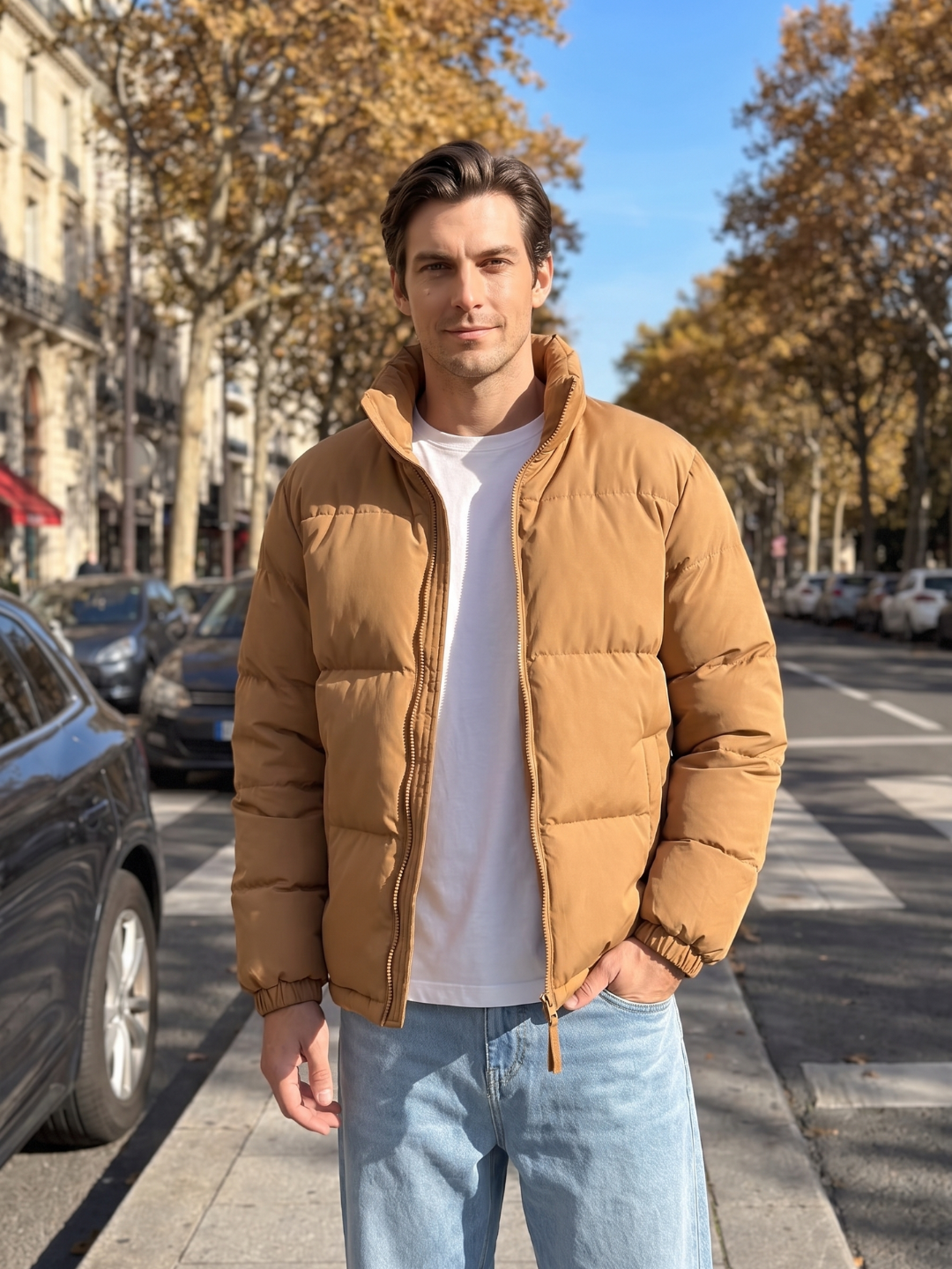 Boxy Stand Collar Brown Puffer Jacket