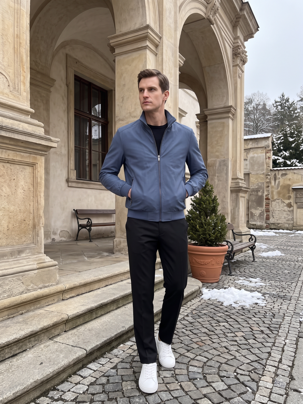 Stand Collar Zip Pocket Slate Blue Leather Jacket