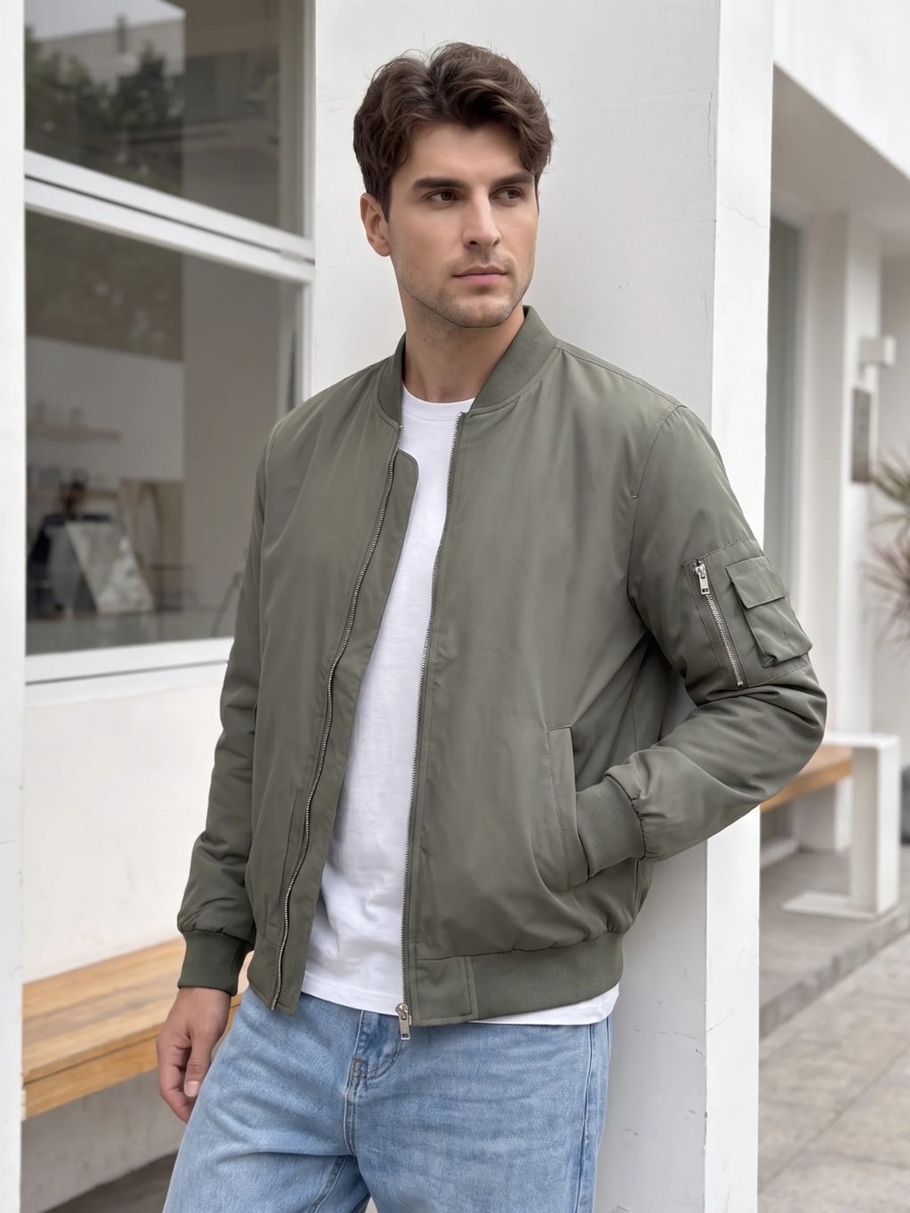 Ribbed Trim Olive Nylon Bomber Jacket