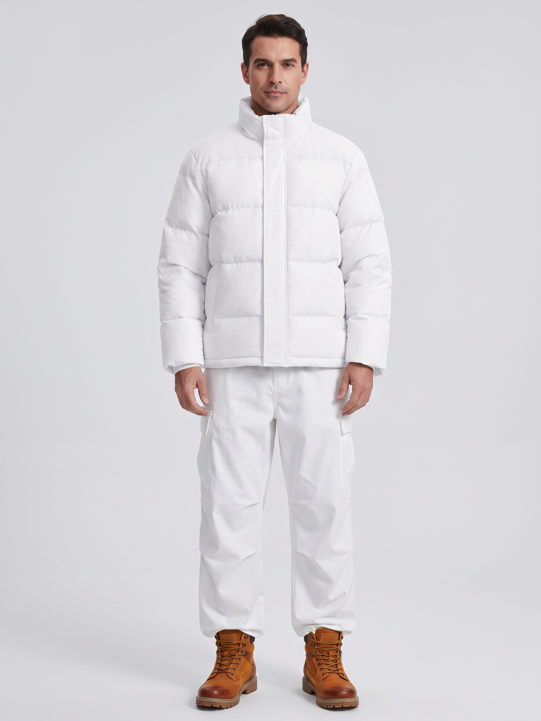 Snap Collar Boxy White Puffer Jacket