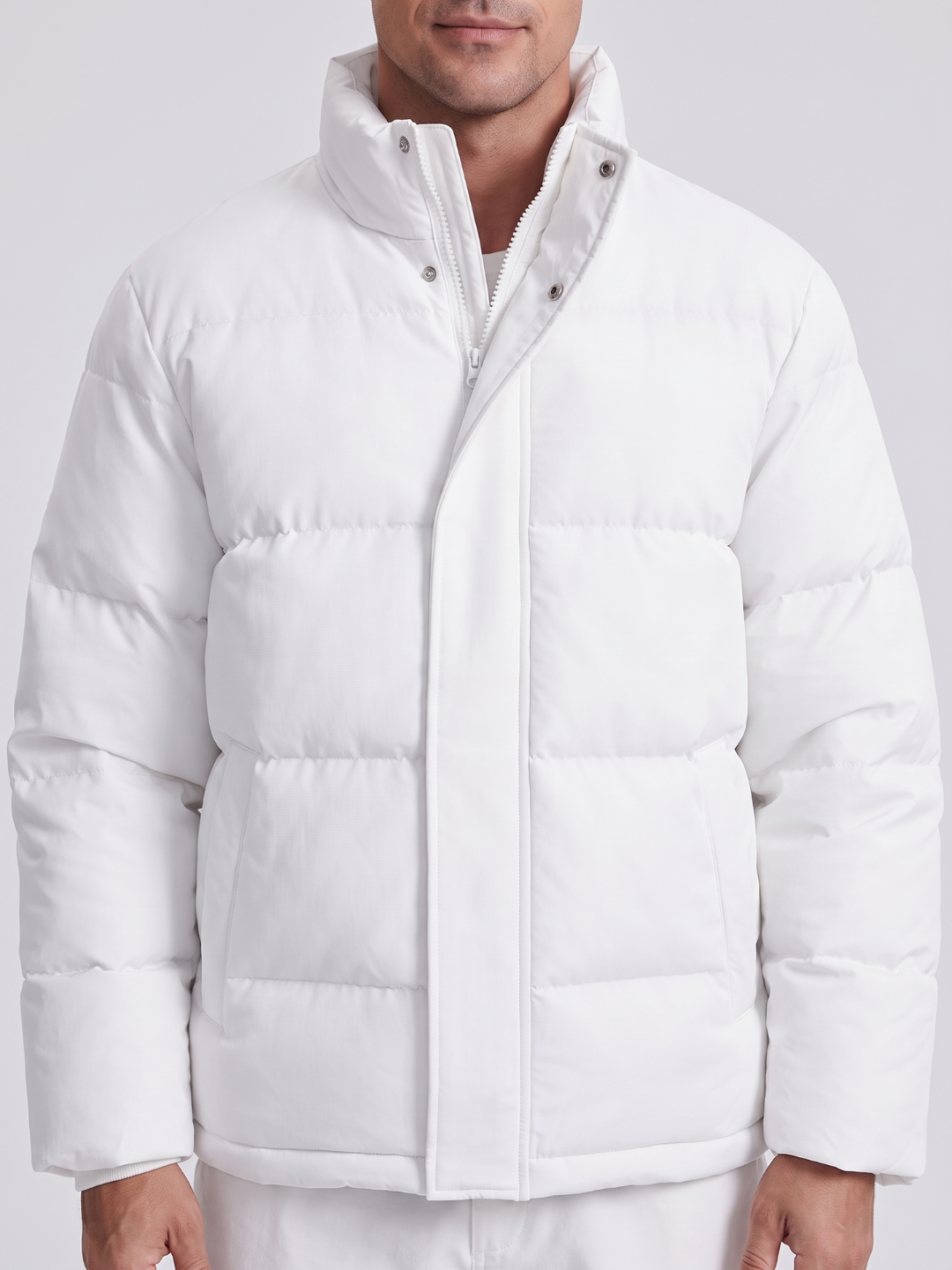 Snap Collar Boxy White Puffer Jacket