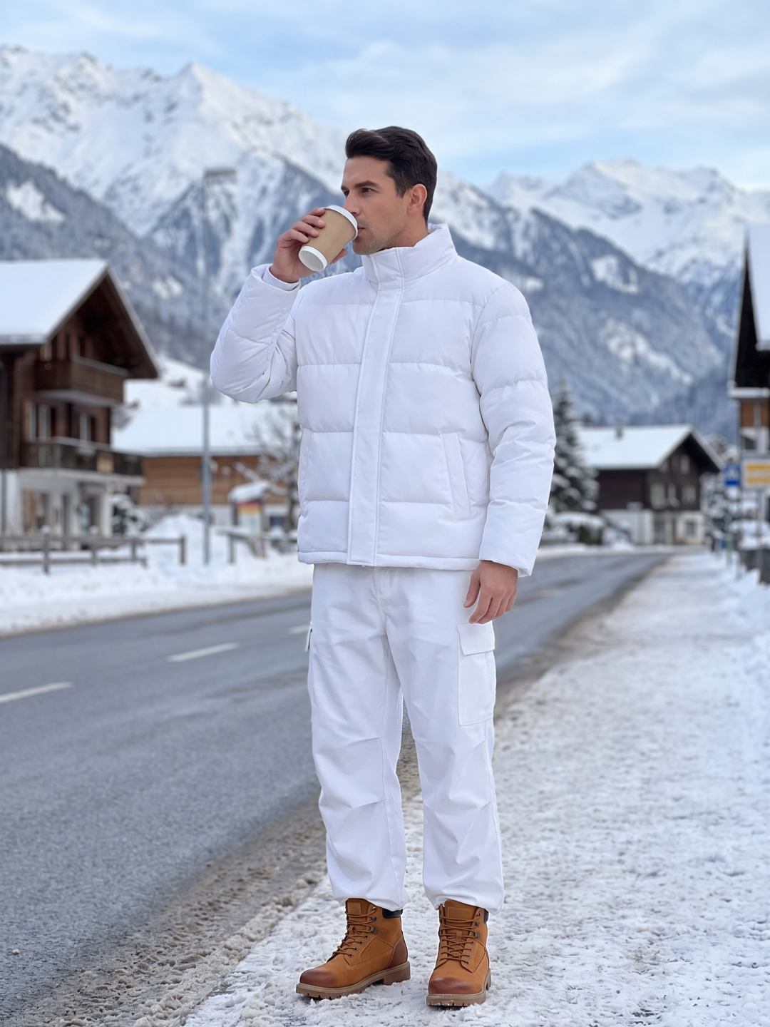 Snap Collar Boxy White Puffer Jacket