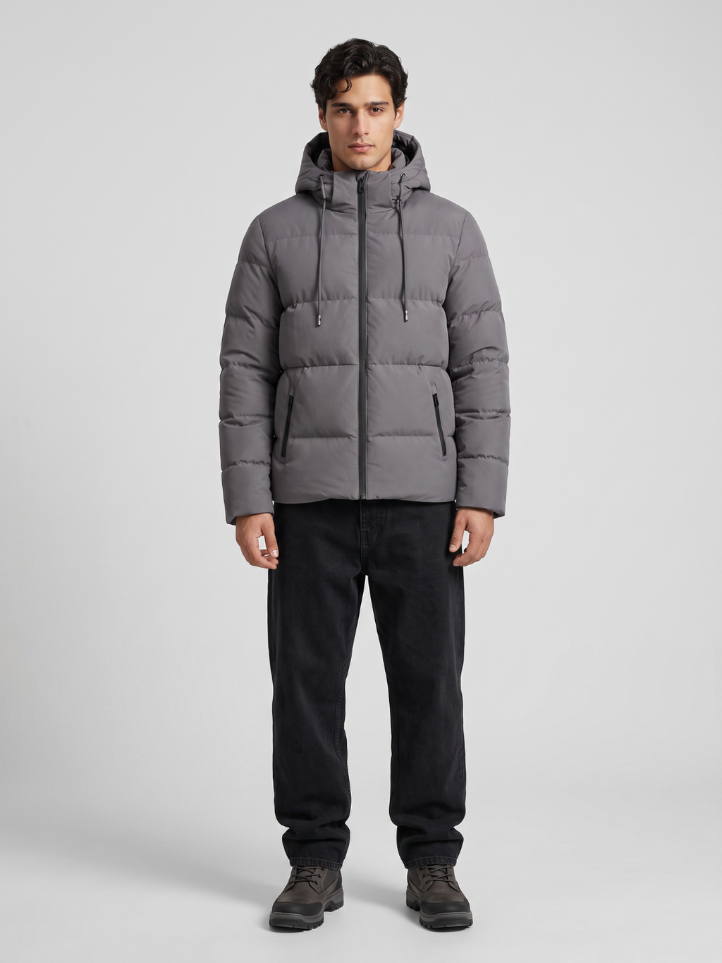 Drawstring Hood Grey Puffer Jacket