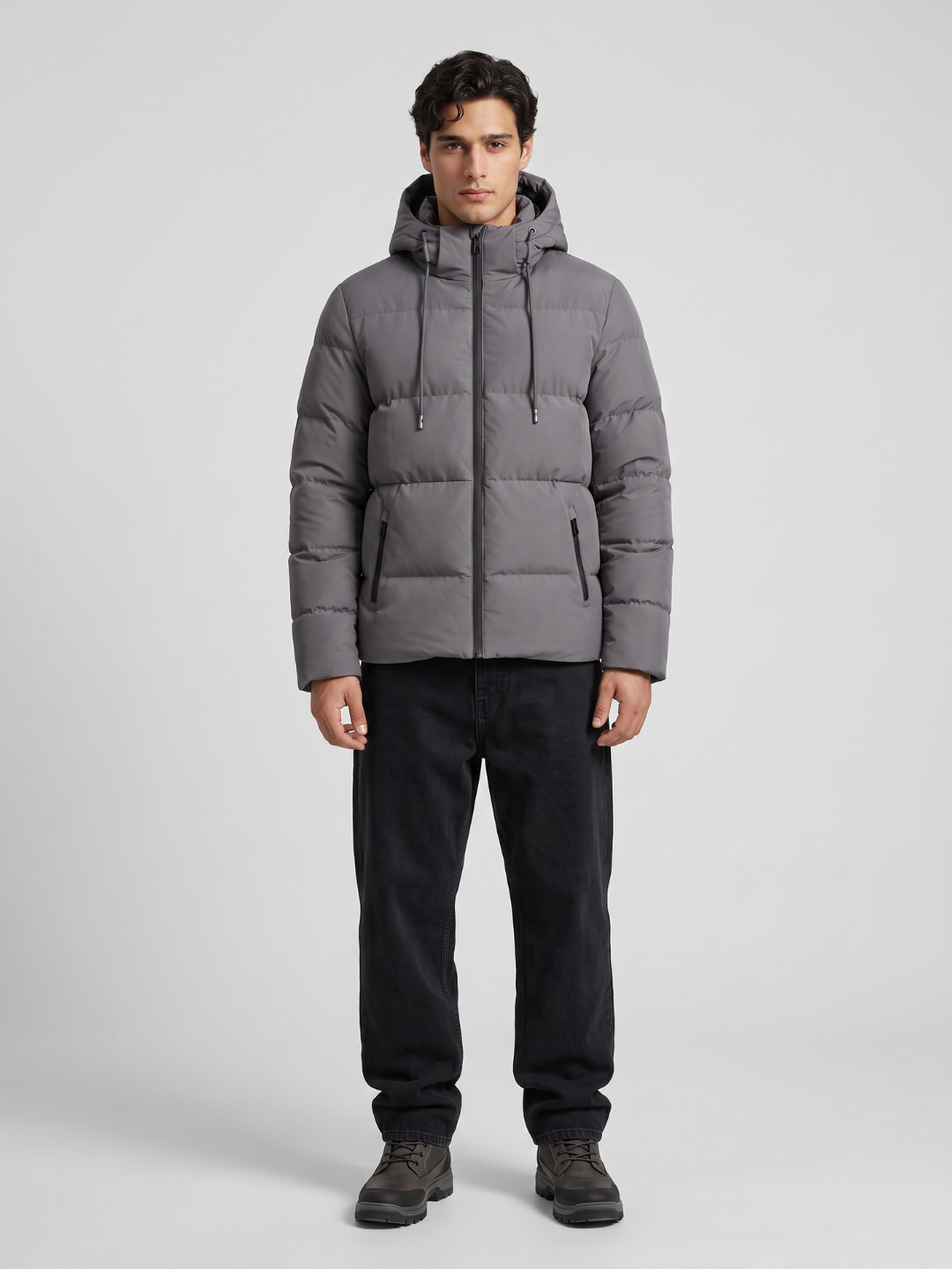 Drawstring Hood Grey Puffer Jacket