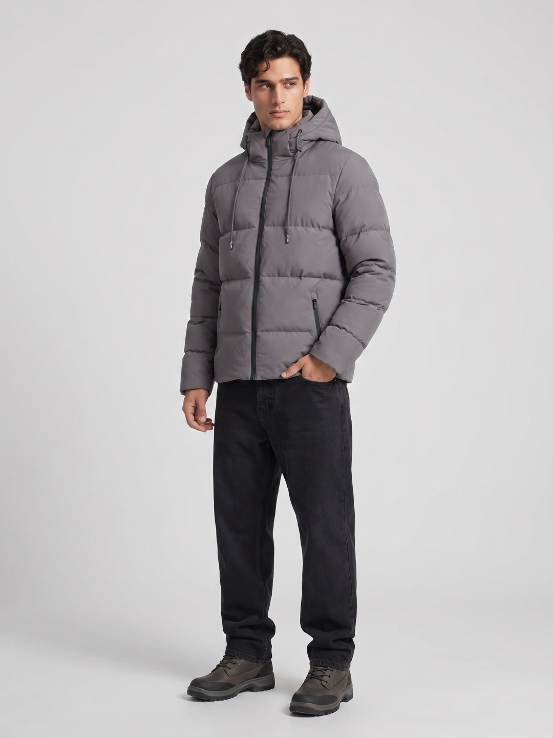 Drawstring Hood Grey Puffer Jacket