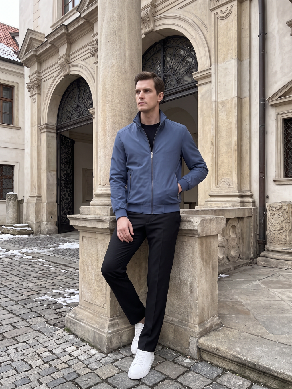 Stand Collar Zip Pocket Slate Blue Leather Jacket