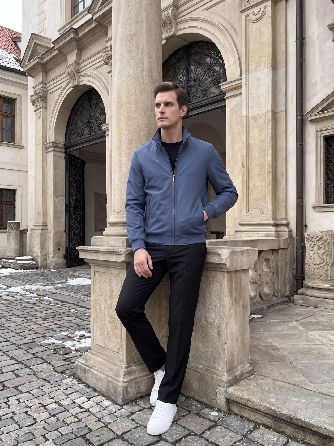 Stand Collar Zip Pocket Slate Blue Leather Jacket