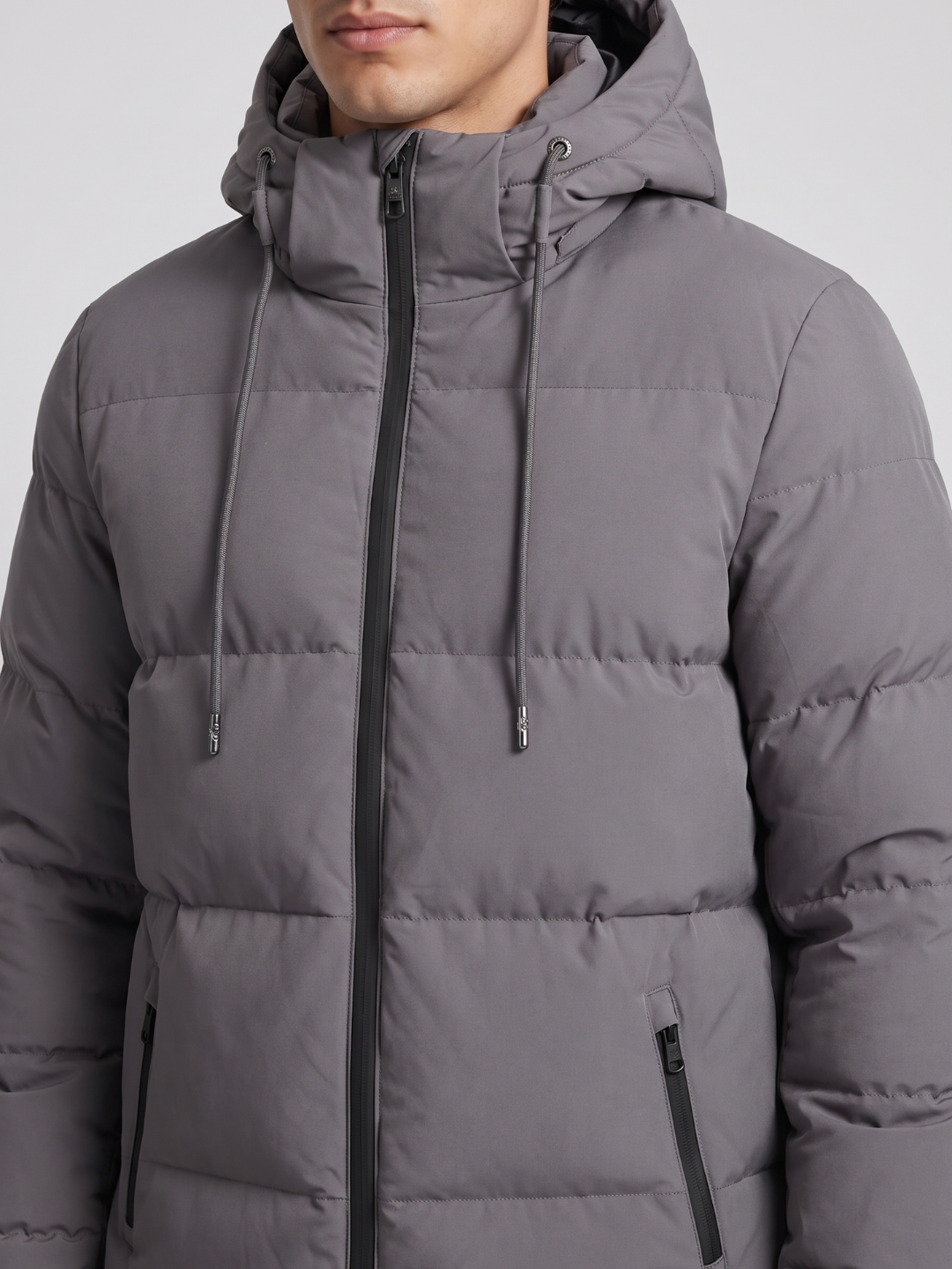 Drawstring Hood Grey Puffer Jacket