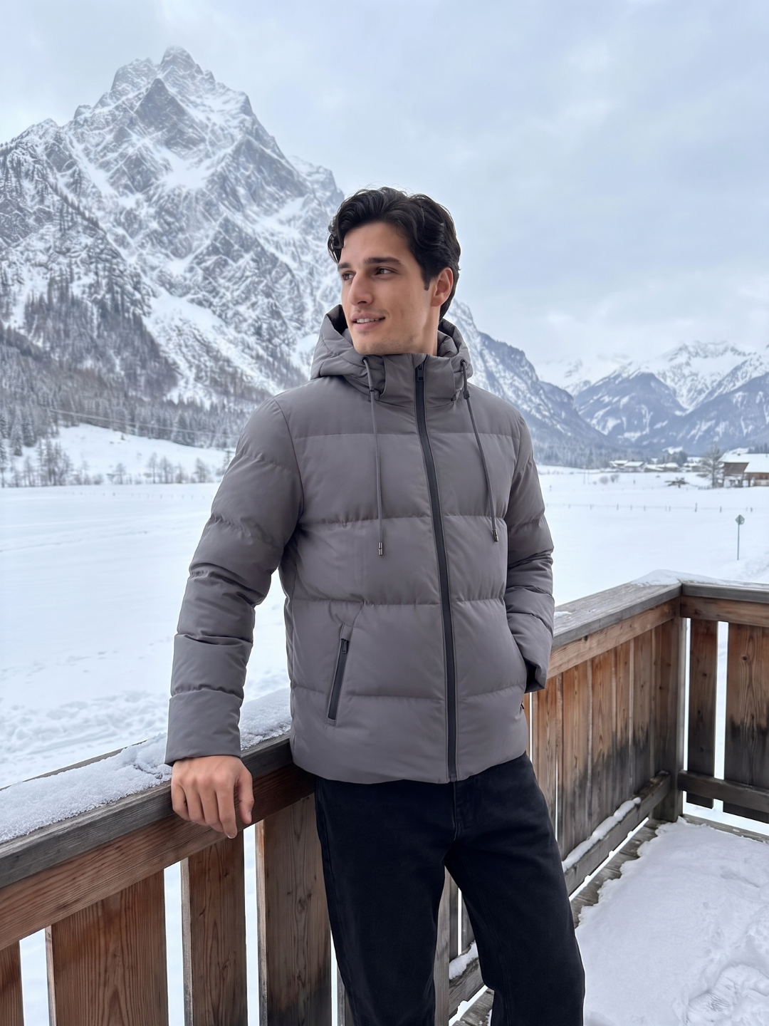Drawstring Hood Grey Puffer Jacket