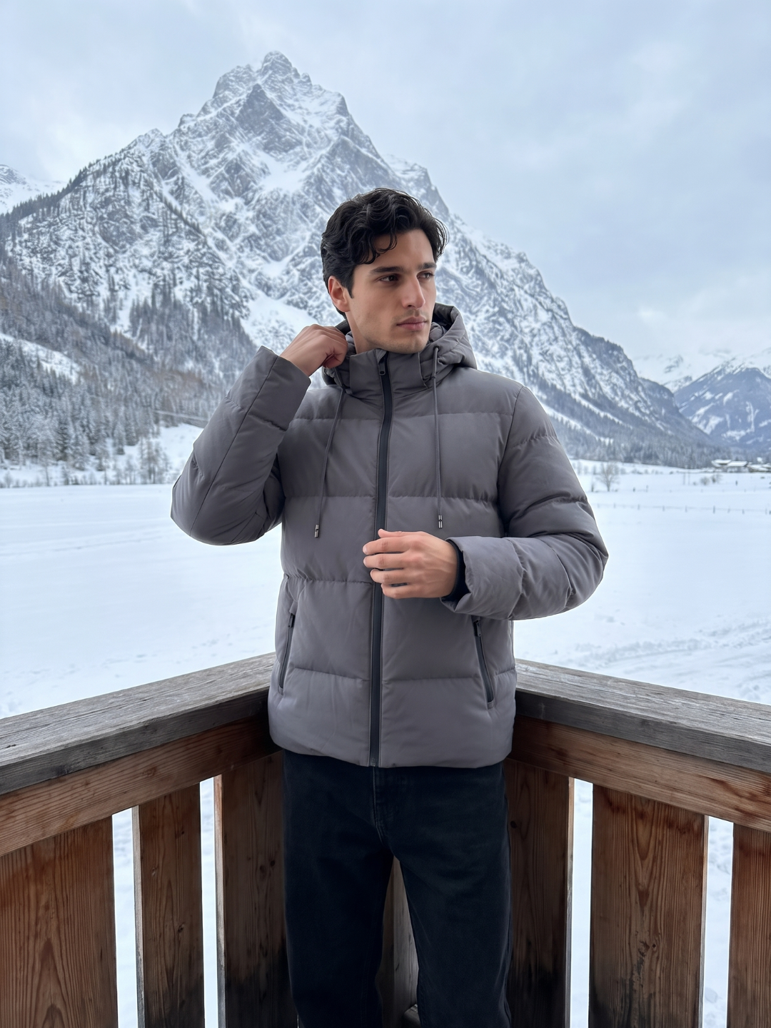 Drawstring Hood Grey Puffer Jacket