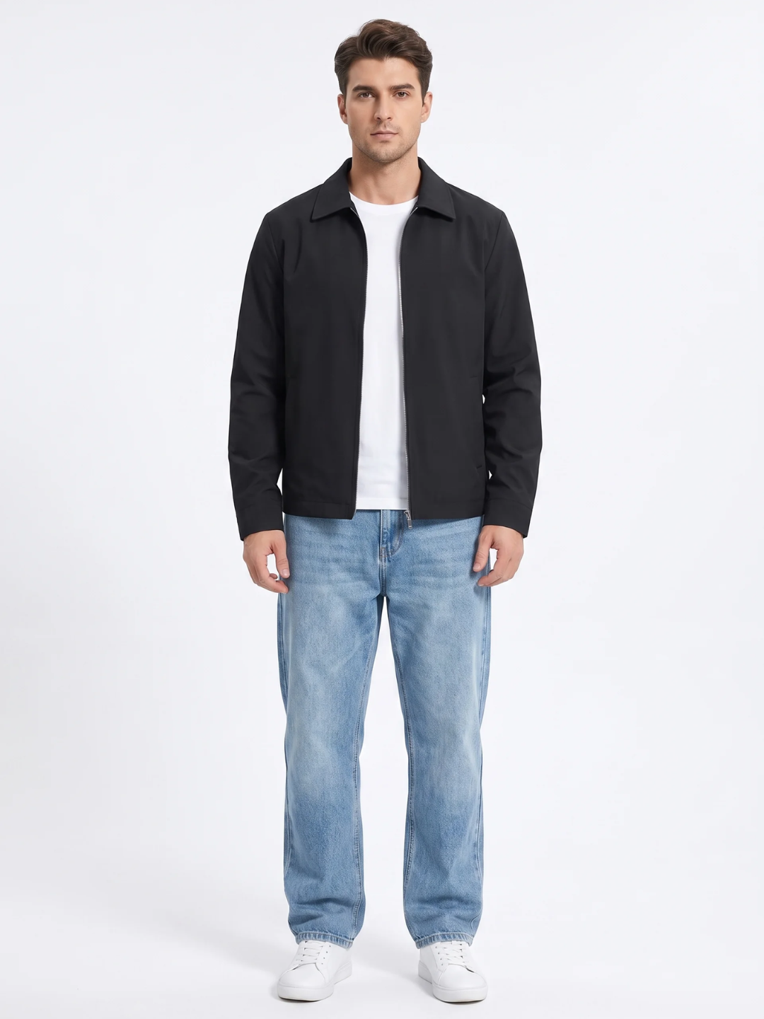 Snap Cuff Point Collar Black Bomber Jacket