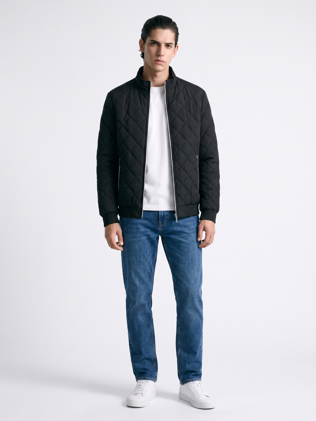 Diamond Quilted Stand Collar Black Jacket